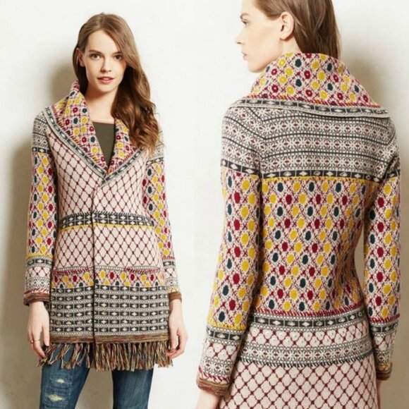 Anthropologie Angel of the North SATPURA wool beaded fringe cardigan sweater M - Picture 1 of 12